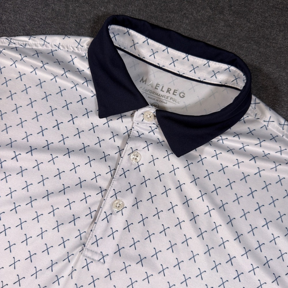 MAELREG Performance Polo Mens Size M White Blue Golf Shirt Crossed Clubs Pattern